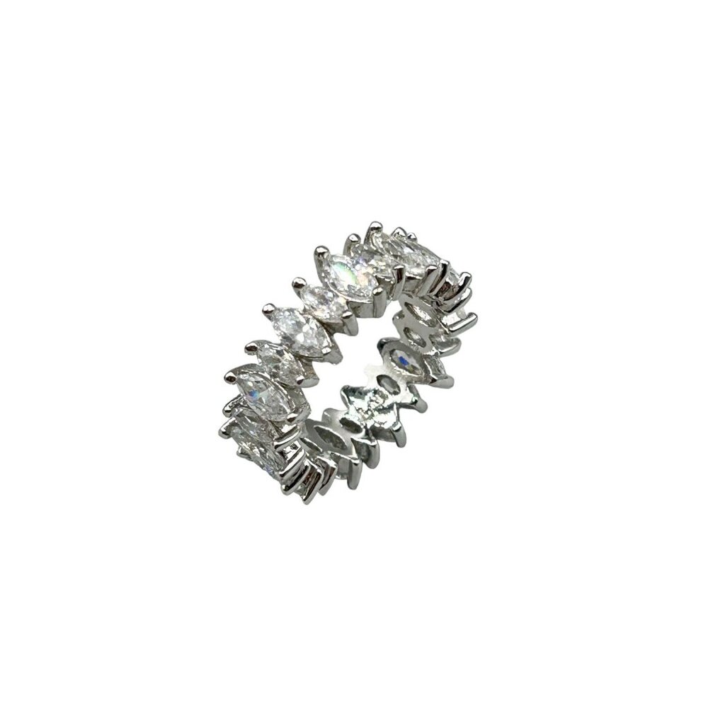 Eternity Ring Size 5.5 Clear Navette Marquise Glass Stones Silver Tone Metal